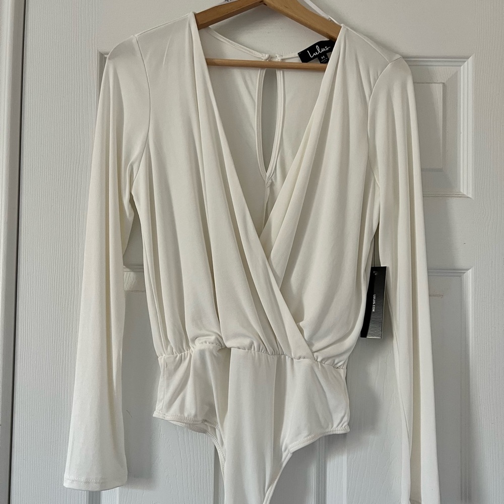NWT Lulus Long Sleeve Ivory Wrap Bodysuit